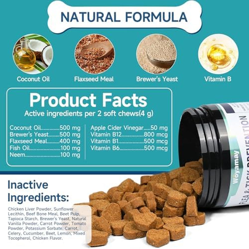 Flea and Tick Prevention Chewables for Dogs - 200 Soft Treats, Natural Oral Supplement for All Breeds and Sizes