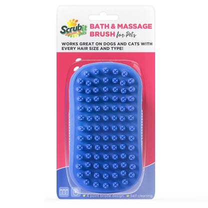 Dog Bath Scrubber Rubber Curry Comb and Pet Grooming Brush with Non-Slip Grip in Blue