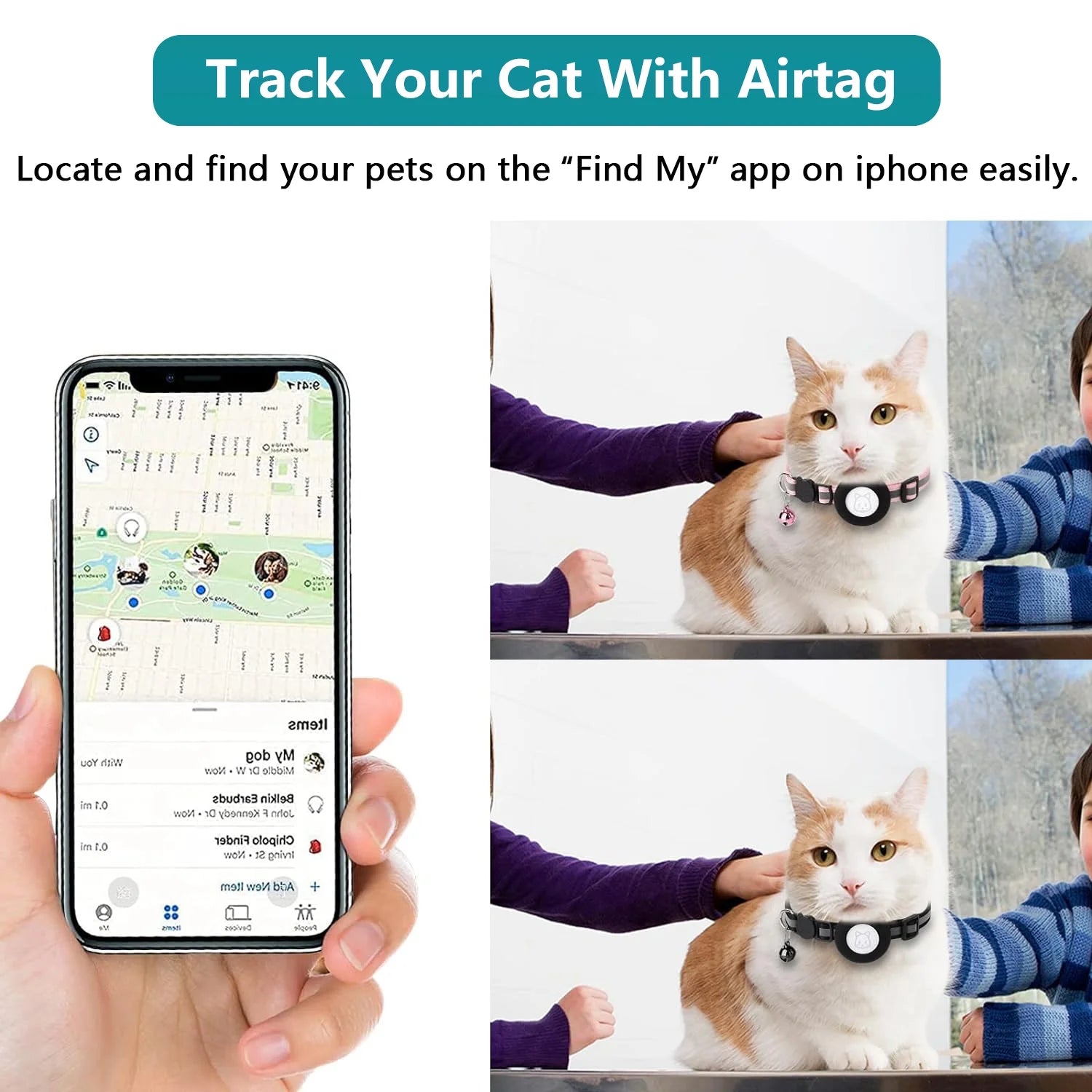 Breakaway Airtag Cat Collar - 2 Pack, Reflective Kitten Strap with Airtag Case and Bell for Cats, Kittens, and Extra Small Dogs, Black