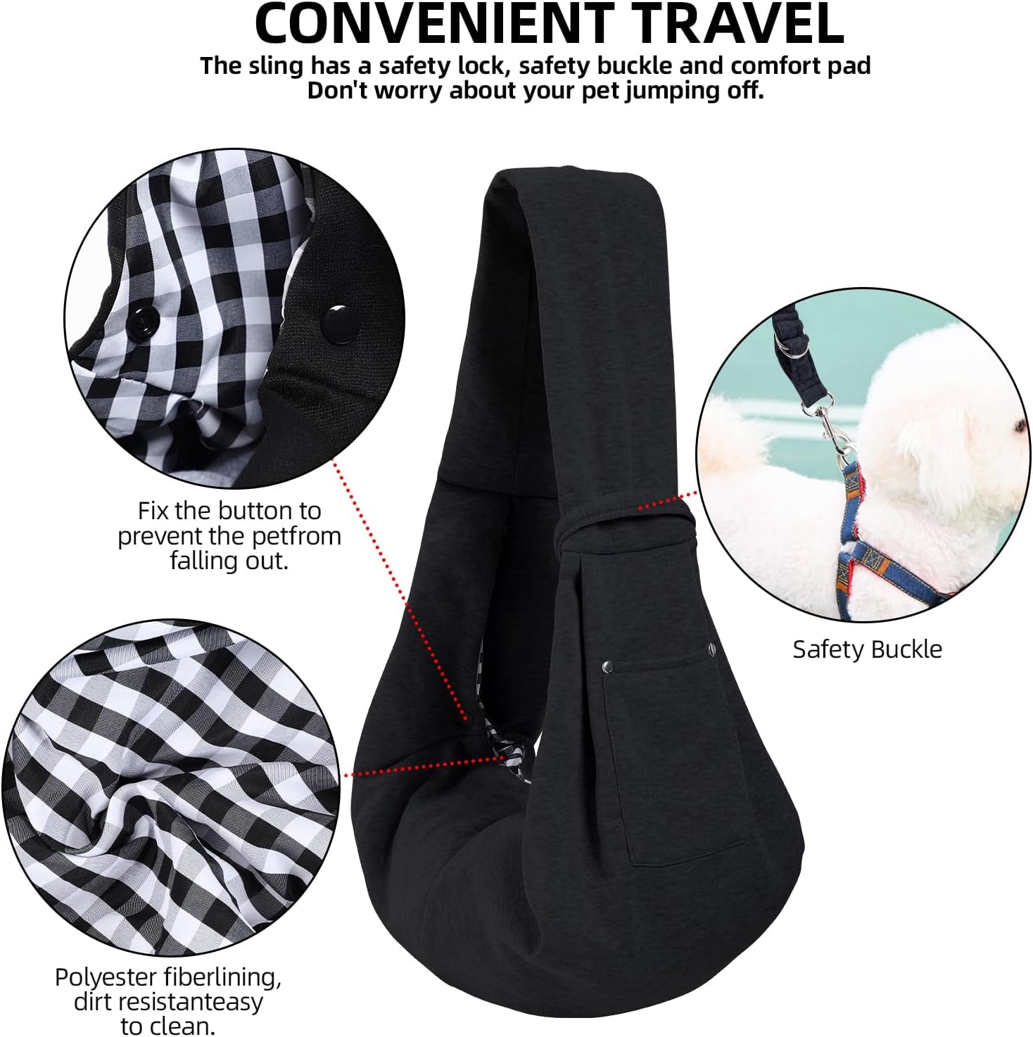 Reversible Dog Carrier Sling - Hands-Free Pet Purse with Storage Pocket for Small Dogs and Cats, Travel Safety Harness (Black)