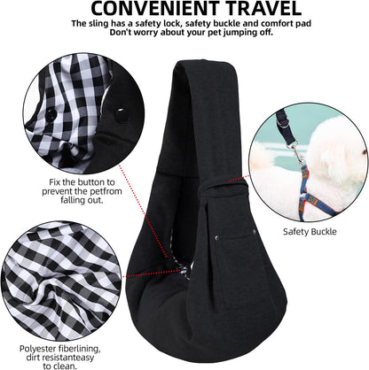 Reversible Dog Carrier Sling - Hands-Free Pet Purse with Storage Pocket for Small Dogs and Cats, Travel Safety Harness (Black)