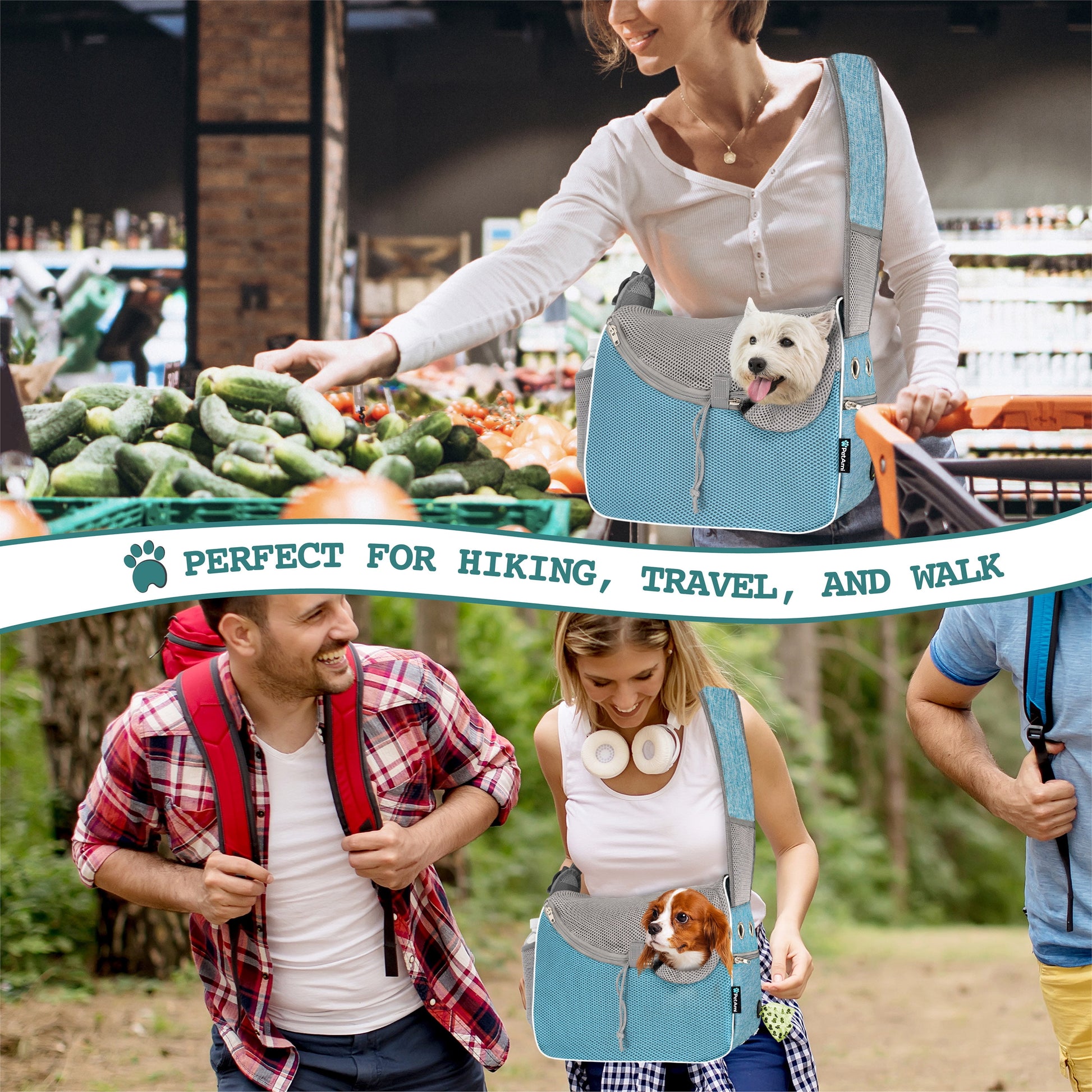 Adjustable Soft-Sided Dog Sling Carrier - Breathable Crossbody Pet Pouch with Poop Bag Dispenser for Small to Medium Dogs and Cats - Stylish Blue Travel Bag