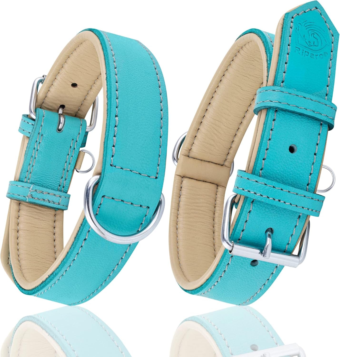Riparo Genuine Leather Dog Collar for Medium Dogs, 1" Wide (Neck Size 13.5”-17.5”, Aqua)