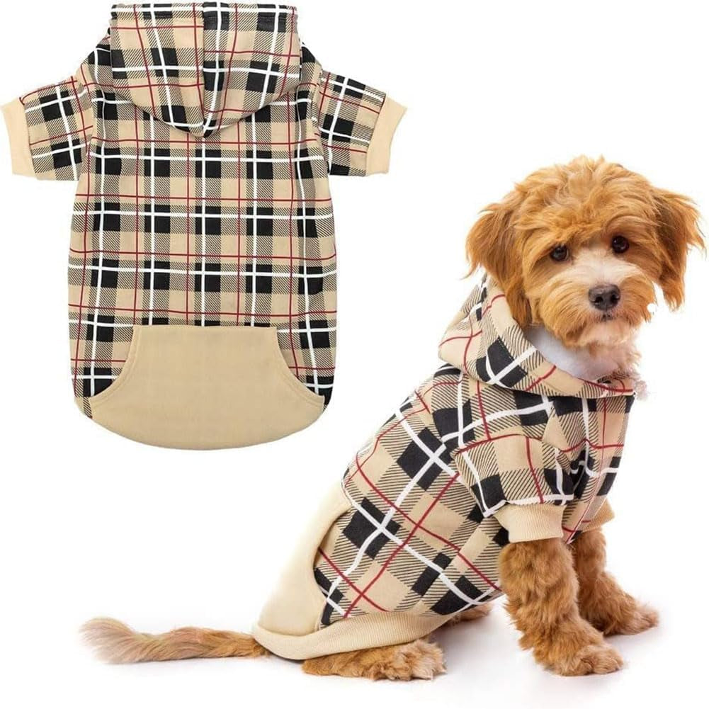 British Style Plaid Dog Hoodie - Warm Sweater with Leash Hole for All Breeds, Winter Coat Apparel for Puppies and Cats, Beige Medium