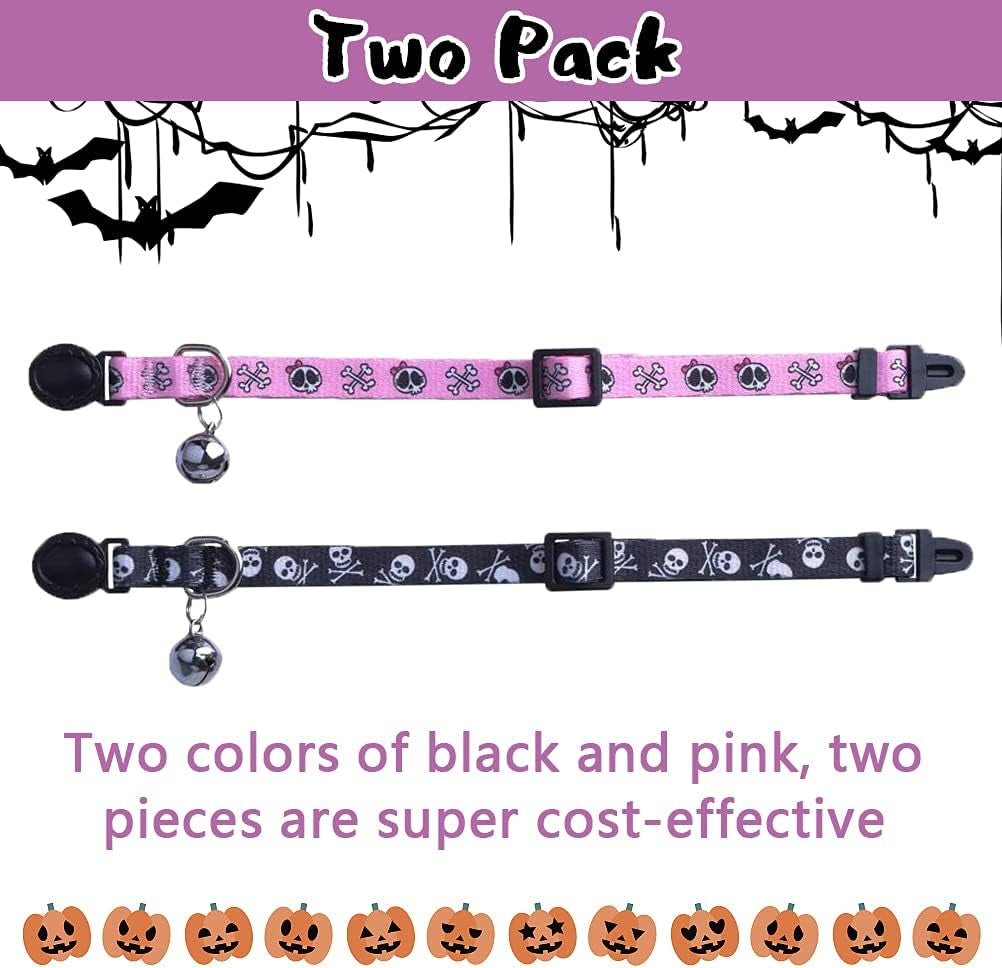 Adjustable Breakaway Cat Collars with Bell Charm - 2 Pack in Pink & Black Skull Pattern, Fits 7.8-11.8 Inches