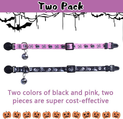 Adjustable Breakaway Cat Collars with Bell Charm - 2 Pack in Pink & Black Skull Pattern, Fits 7.8-11.8 Inches