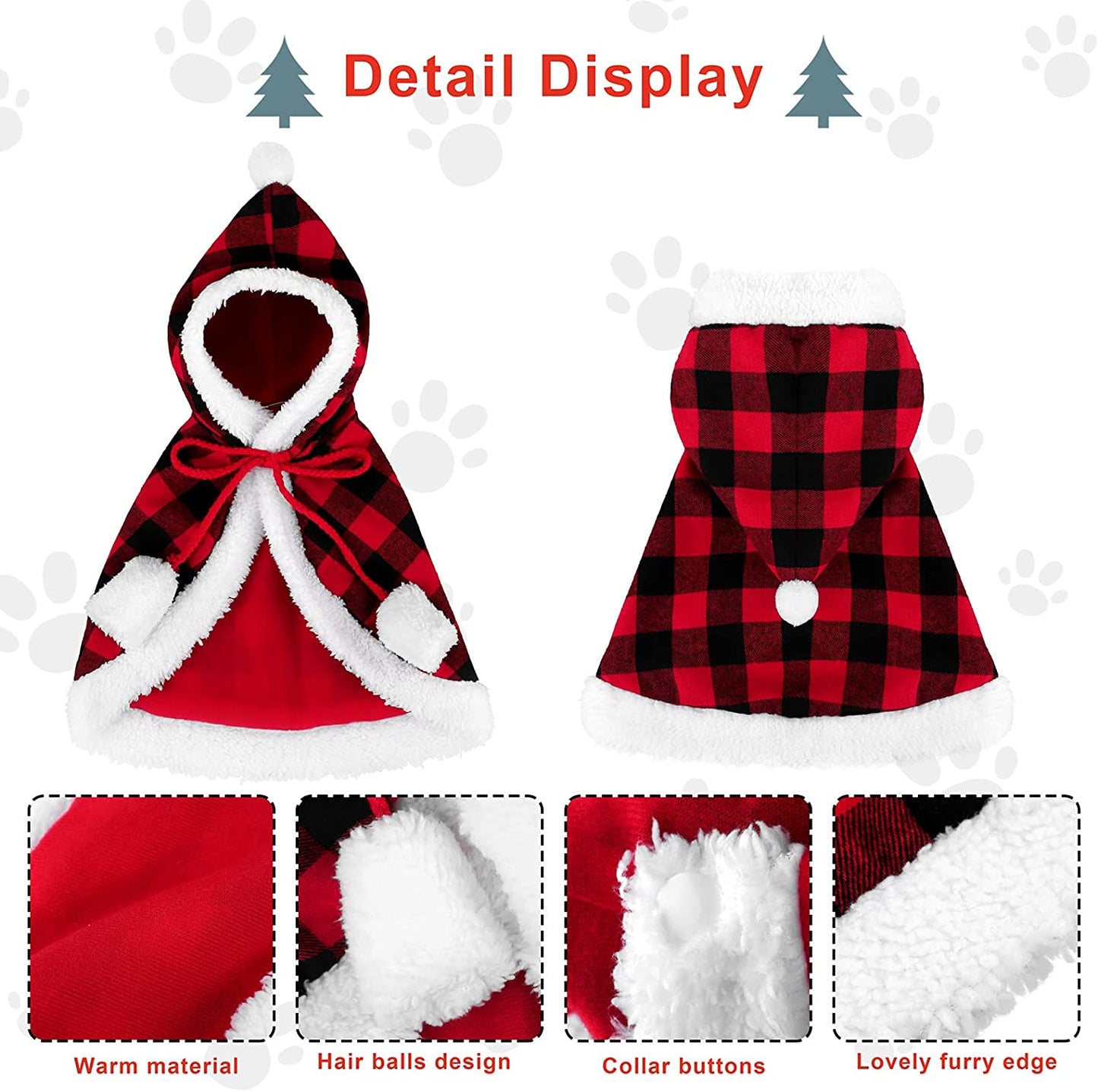 Red and Black Buffalo Plaid Santa Cape Costume for Cats and Dogs with Xmas Hat, Collar with Bell, and Bowtie - Medium Size Pet Outfit for Christmas Parties and Cosplay