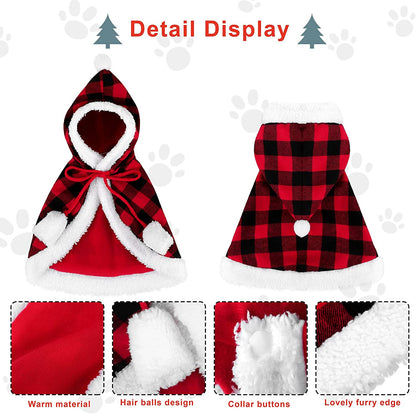 Red and Black Buffalo Plaid Santa Cape Costume for Cats and Dogs with Xmas Hat, Collar with Bell, and Bowtie - Medium Size Pet Outfit for Christmas Parties and Cosplay