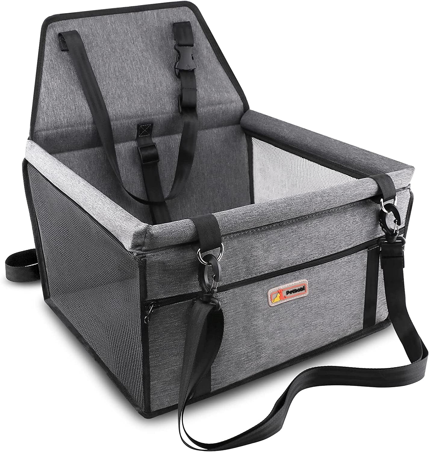 Pet Reinforced Car Booster Seat for Dogs - Portable and Breathable Safety Seat with Seat Belt and Clip-on Leash (Cationic Fabric Grey)