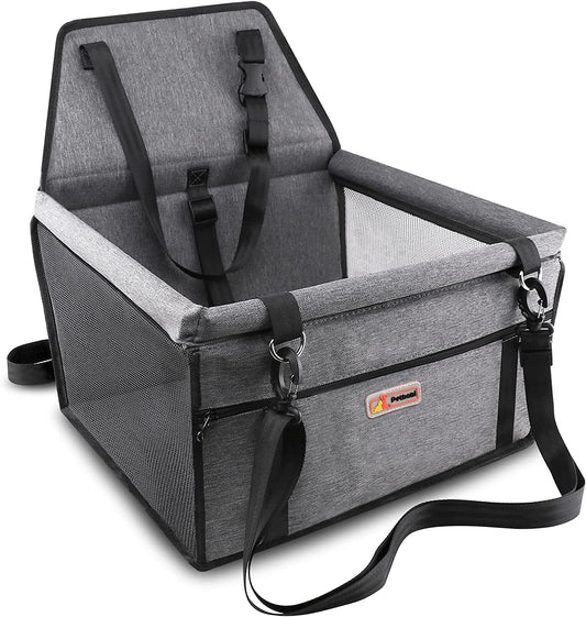 Pet Reinforced Car Booster Seat for Dogs - Portable and Breathable Safety Seat with Seat Belt and Clip-on Leash (Cationic Fabric Grey)