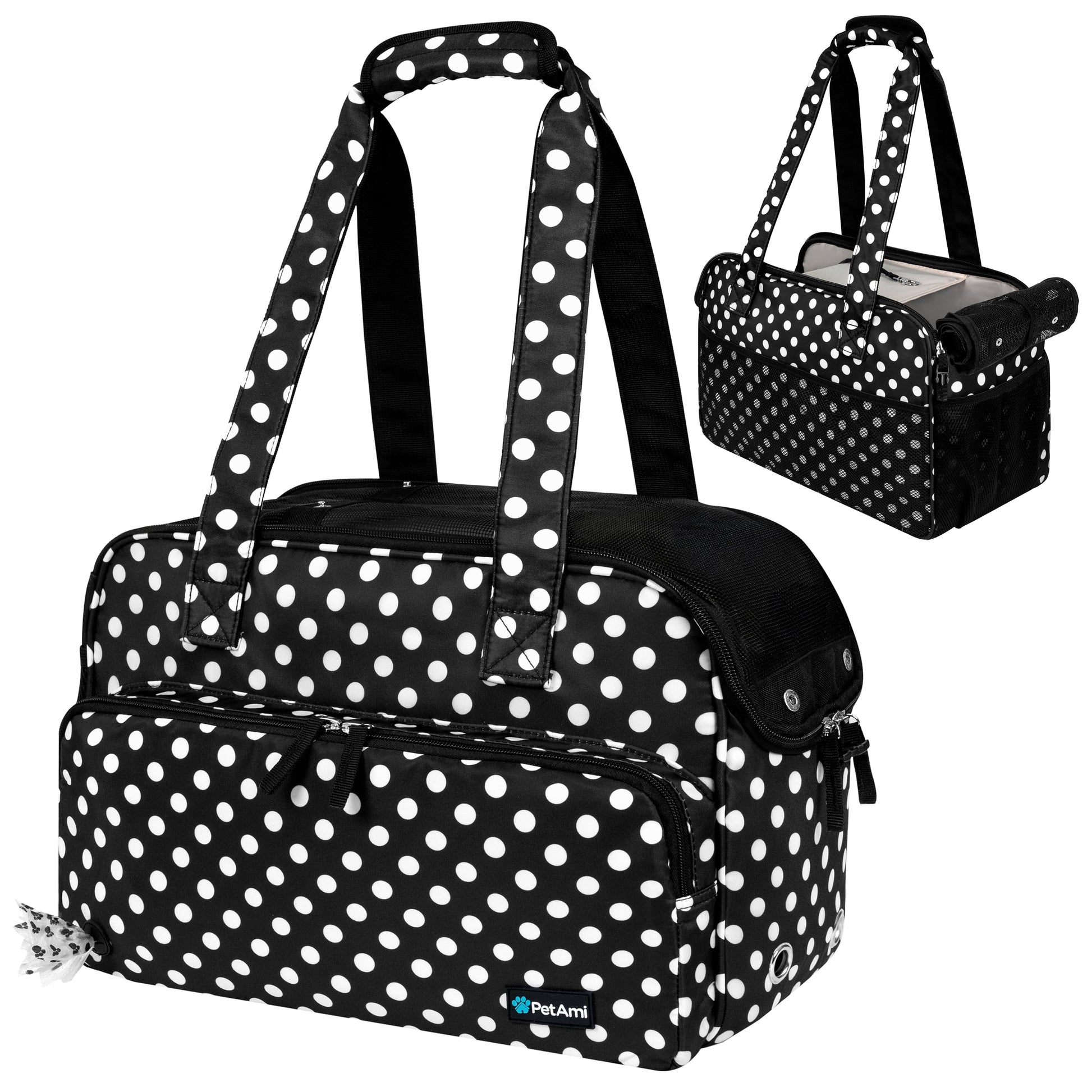 Soft-Sided Pet Carrier Bag for Small Dogs and Cats, Airline Approved with Breathable Mesh and Sherpa Bed, Portable Tote with Pockets, Polka Dot Black