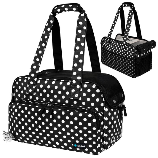 Soft-Sided Pet Carrier Bag for Small Dogs and Cats, Airline Approved with Breathable Mesh and Sherpa Bed, Portable Tote with Pockets, Polka Dot Black
