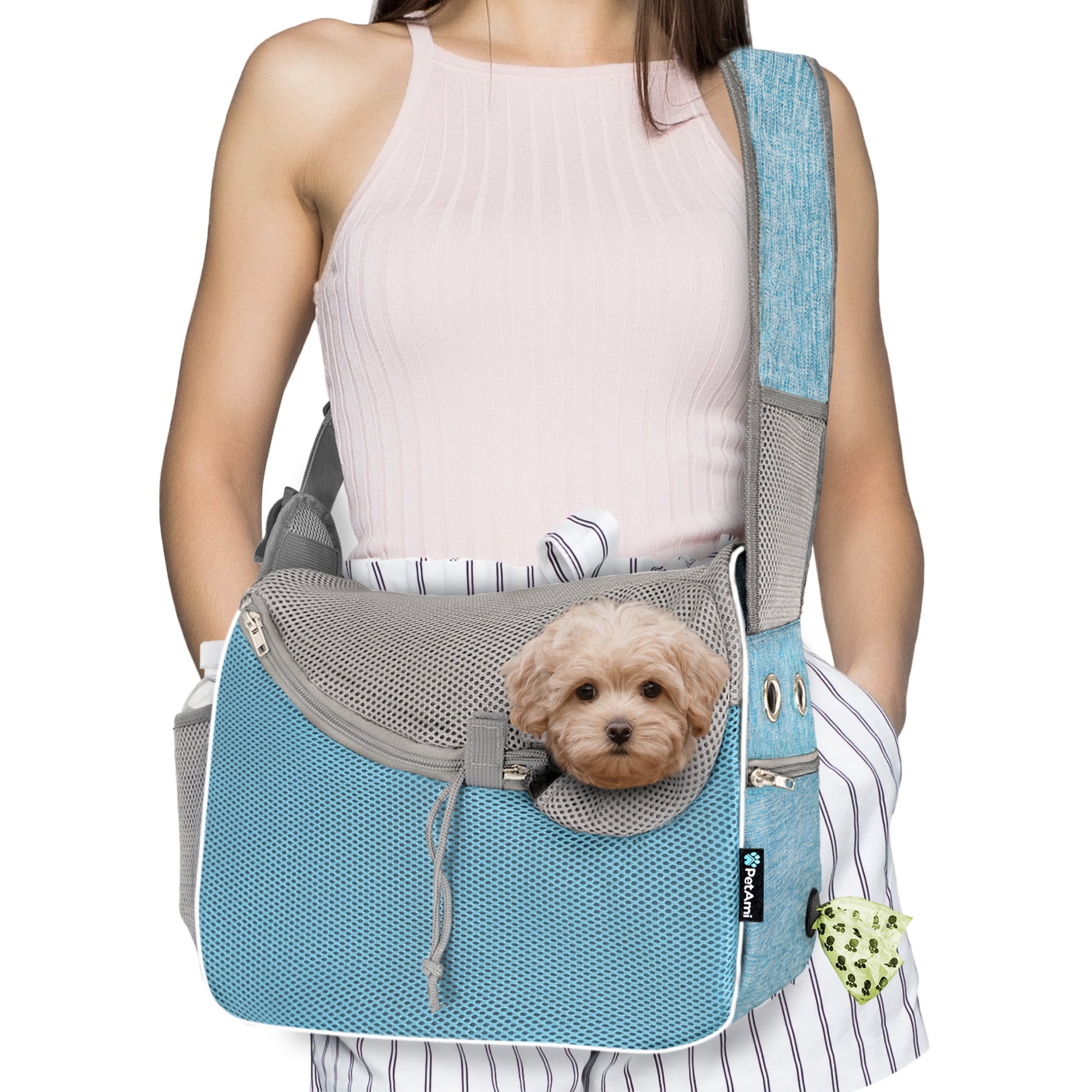 Adjustable Soft-Sided Dog Sling Carrier - Breathable Crossbody Pet Pouch with Poop Bag Dispenser for Small to Medium Dogs and Cats - Stylish Blue Travel Bag