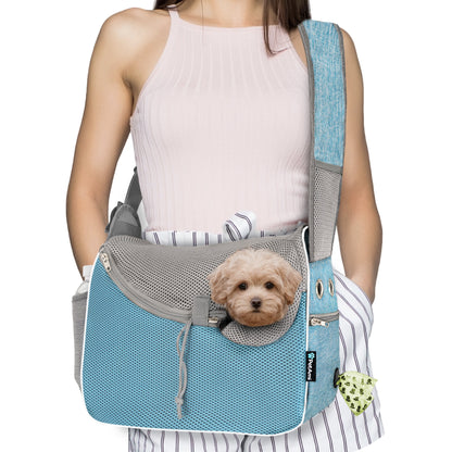 Adjustable Soft-Sided Dog Sling Carrier - Breathable Crossbody Pet Pouch with Poop Bag Dispenser for Small to Medium Dogs and Cats - Stylish Blue Travel Bag