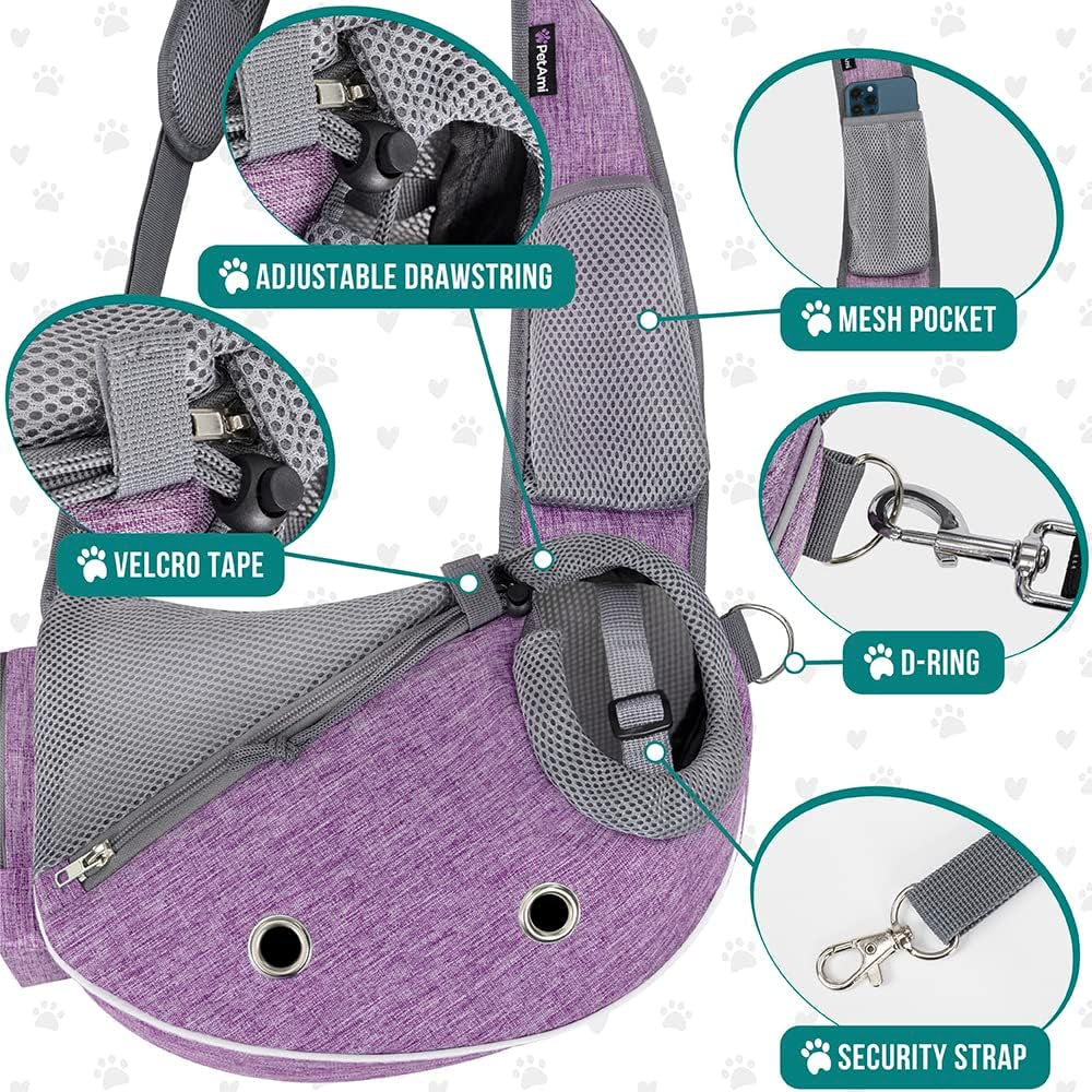 Small Dog Sling Carrier - Adjustable Crossbody Pet Purse for Traveling with Puppies and Medium Cats, Includes Poop Bag Dispenser, Maximum Weight 10 lbs, Purple