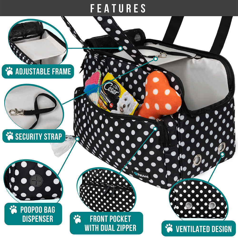 Soft-Sided Pet Carrier Bag for Small Dogs and Cats, Airline Approved with Breathable Mesh and Sherpa Bed, Portable Tote with Pockets, Polka Dot Black