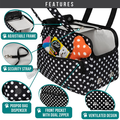 Soft-Sided Pet Carrier Bag for Small Dogs and Cats, Airline Approved with Breathable Mesh and Sherpa Bed, Portable Tote with Pockets, Polka Dot Black