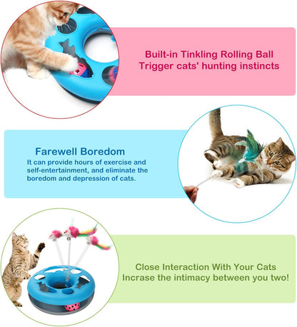 3-in-1 Interactive Cat Toy with Exercise Balls and Teaser Mouse, Includes 5 Removable Spring Replacements - Blue