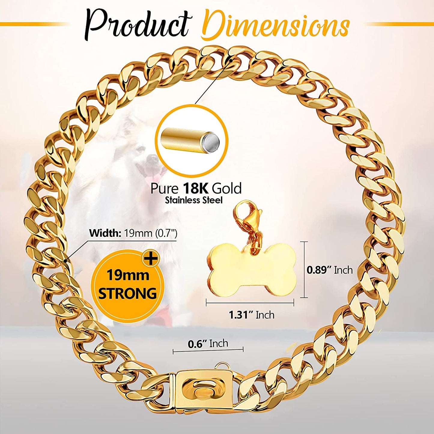 Gold Stainless Steel Cuban Link Dog Collar - 19mm Heavy Duty Chew-Proof Necklace with Buckle for Medium to Large Dogs (16 Inch)