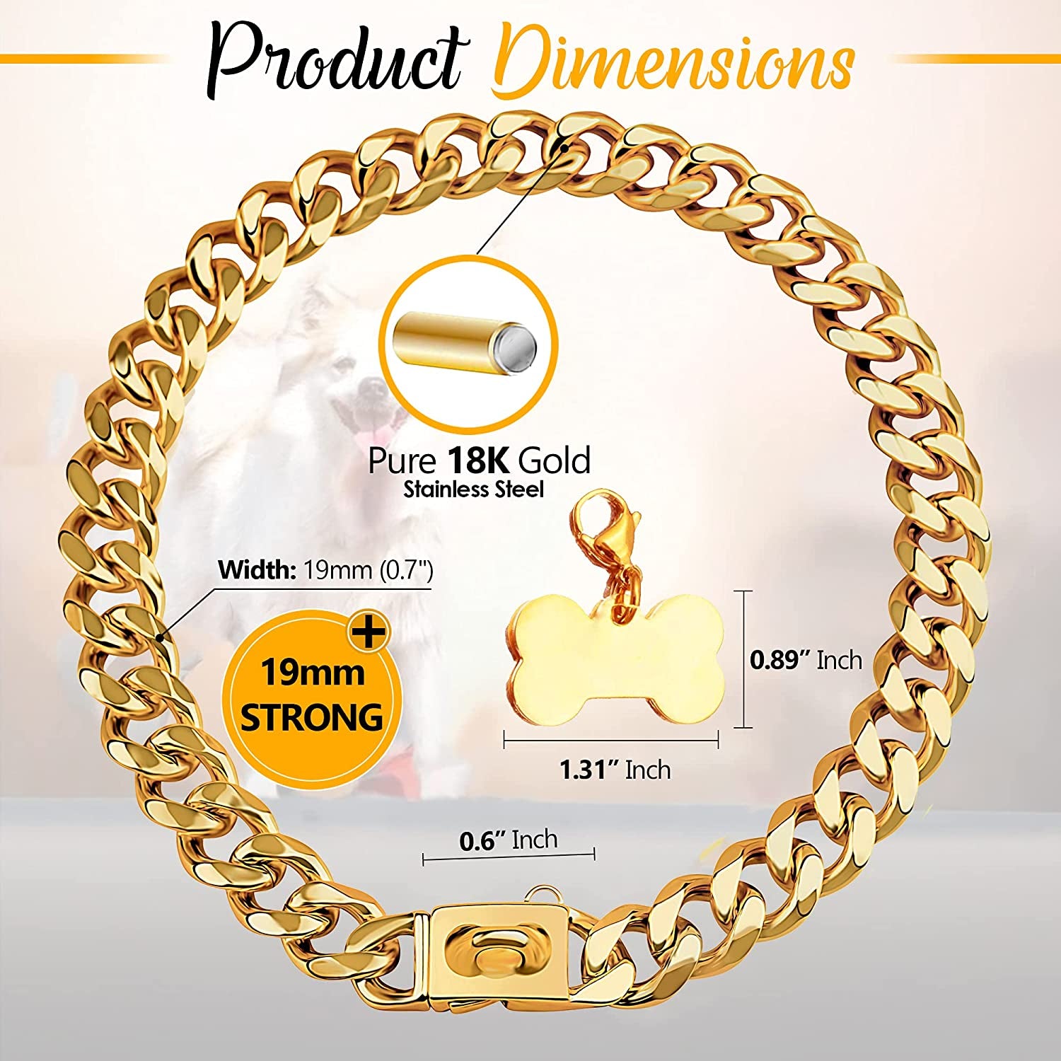 Gold Stainless Steel Cuban Link Dog Collar - 19mm Heavy Duty Chew-Proof Necklace with Buckle for Medium to Large Dogs (16 Inch)
