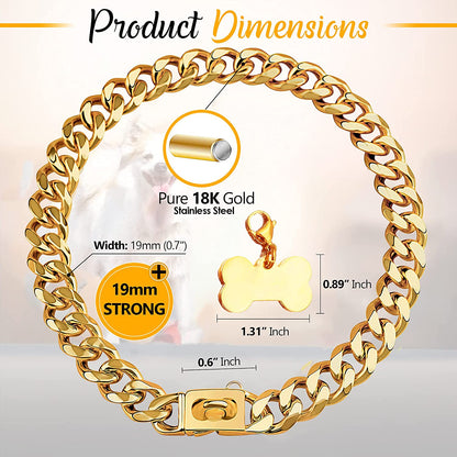 Gold Stainless Steel Cuban Link Dog Collar - 19mm Heavy Duty Chew-Proof Necklace with Buckle for Medium to Large Dogs (16 Inch)