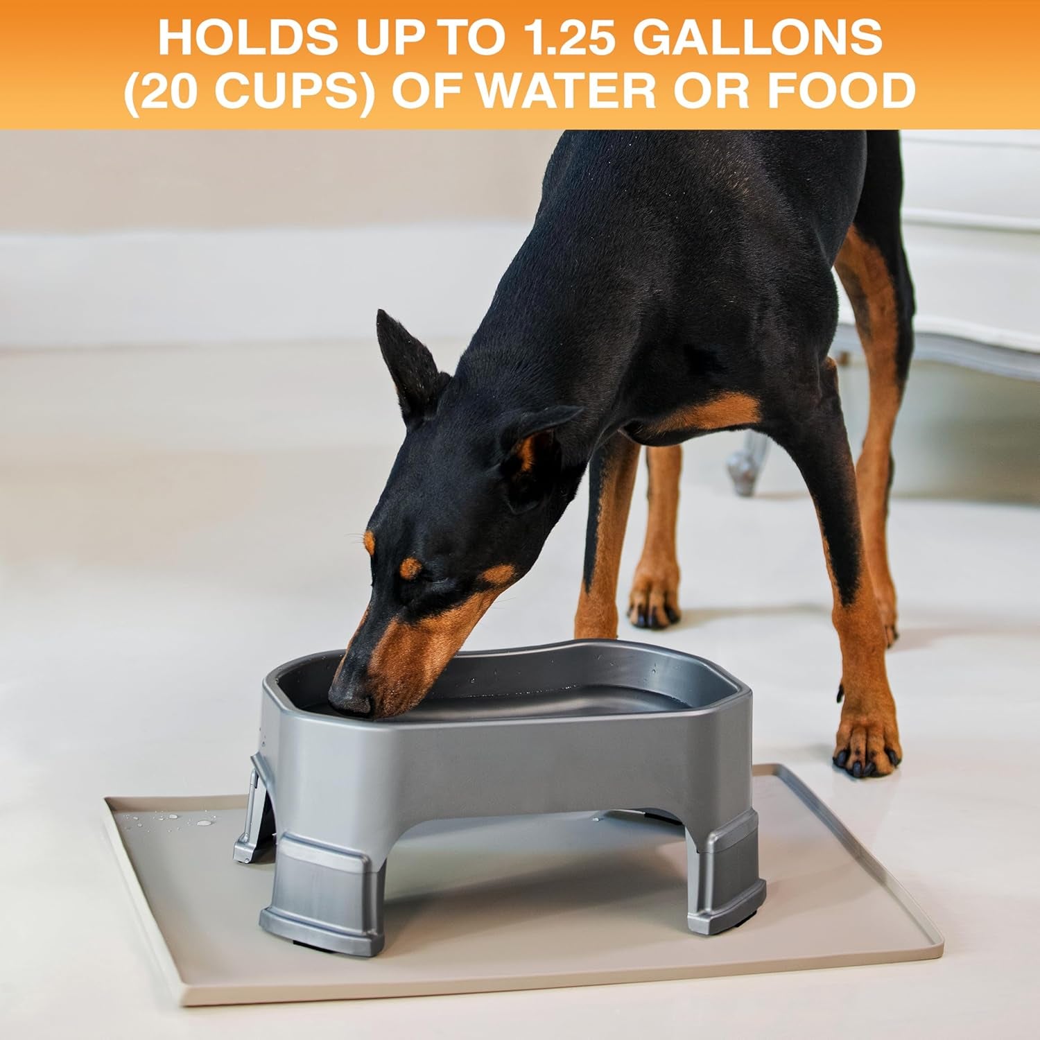 Extra Large Water Bowl for Dogs, Elevated Outdoor Dog Water Bowl (1.25 Gallon XL Capacity), Big Trough Style Food Dish for Indoors or Outside, No Spill Large Dog Bowls, Gunmetal Grey