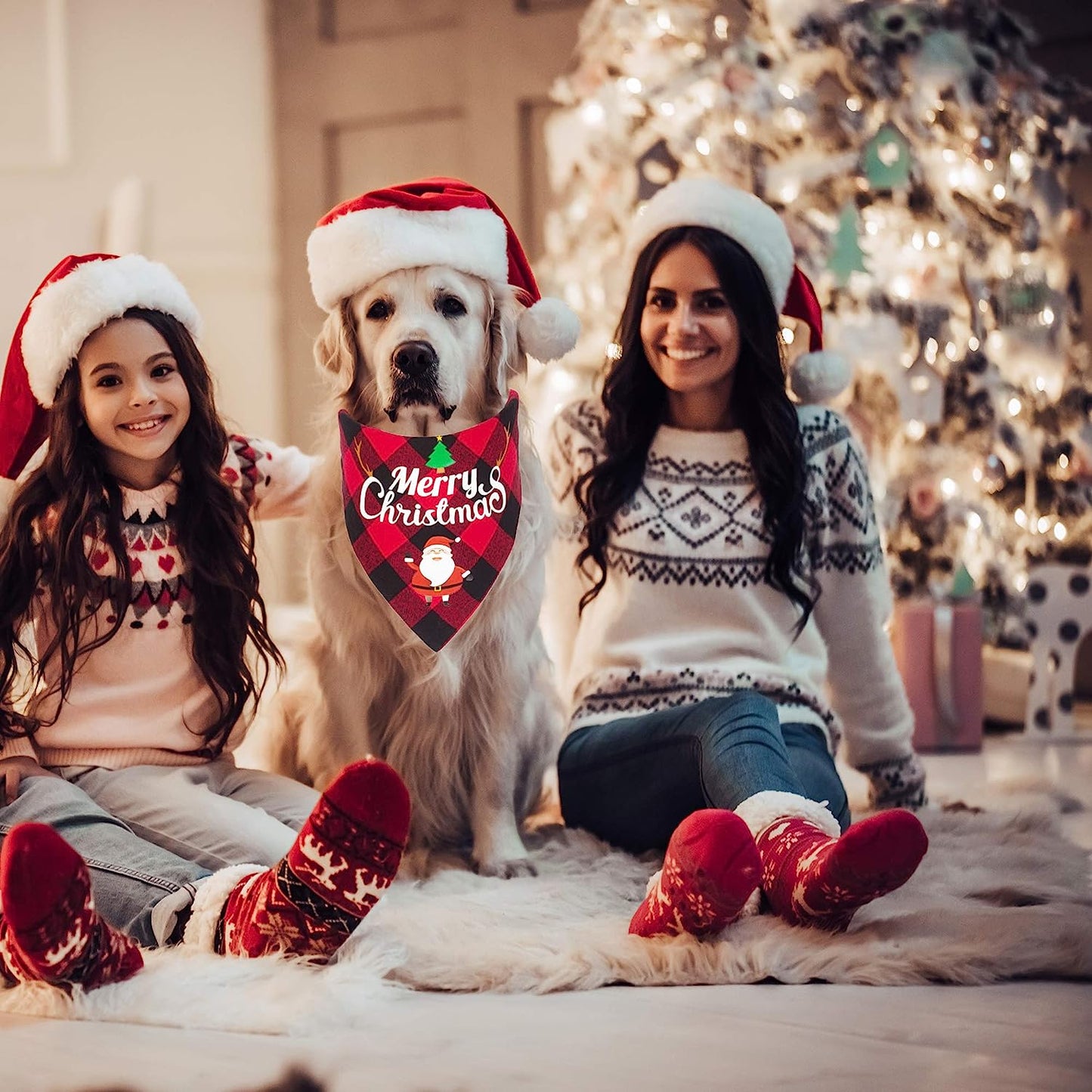 2 Pack Dog Bandana Christmas Classic Plaid Pet Scarf Triangle Bibs Kerchief Merry Christmas Red Santa Snowman Bandana for Medium Large Dogs Pets (Large)