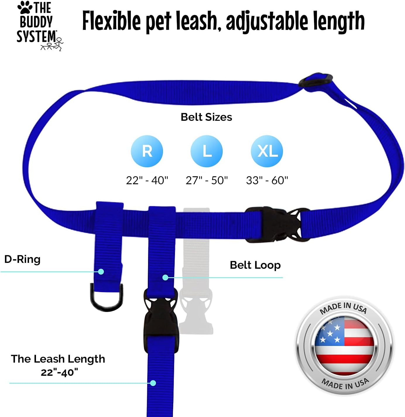 Adjustable Hands-Free Dog Leash for Running, Jogging, Training, and Service Dogs - Suitable for Small, Medium, and Large Breeds - Made in the USA (Royal Blue, Large Belt 27"-50" Waist)
