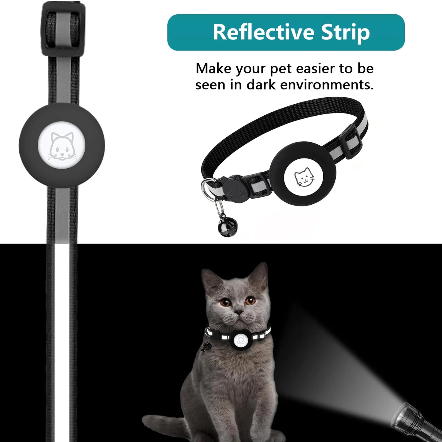 Breakaway Airtag Cat Collar - 2 Pack, Reflective Kitten Strap with Airtag Case and Bell for Cats, Kittens, and Extra Small Dogs, Black