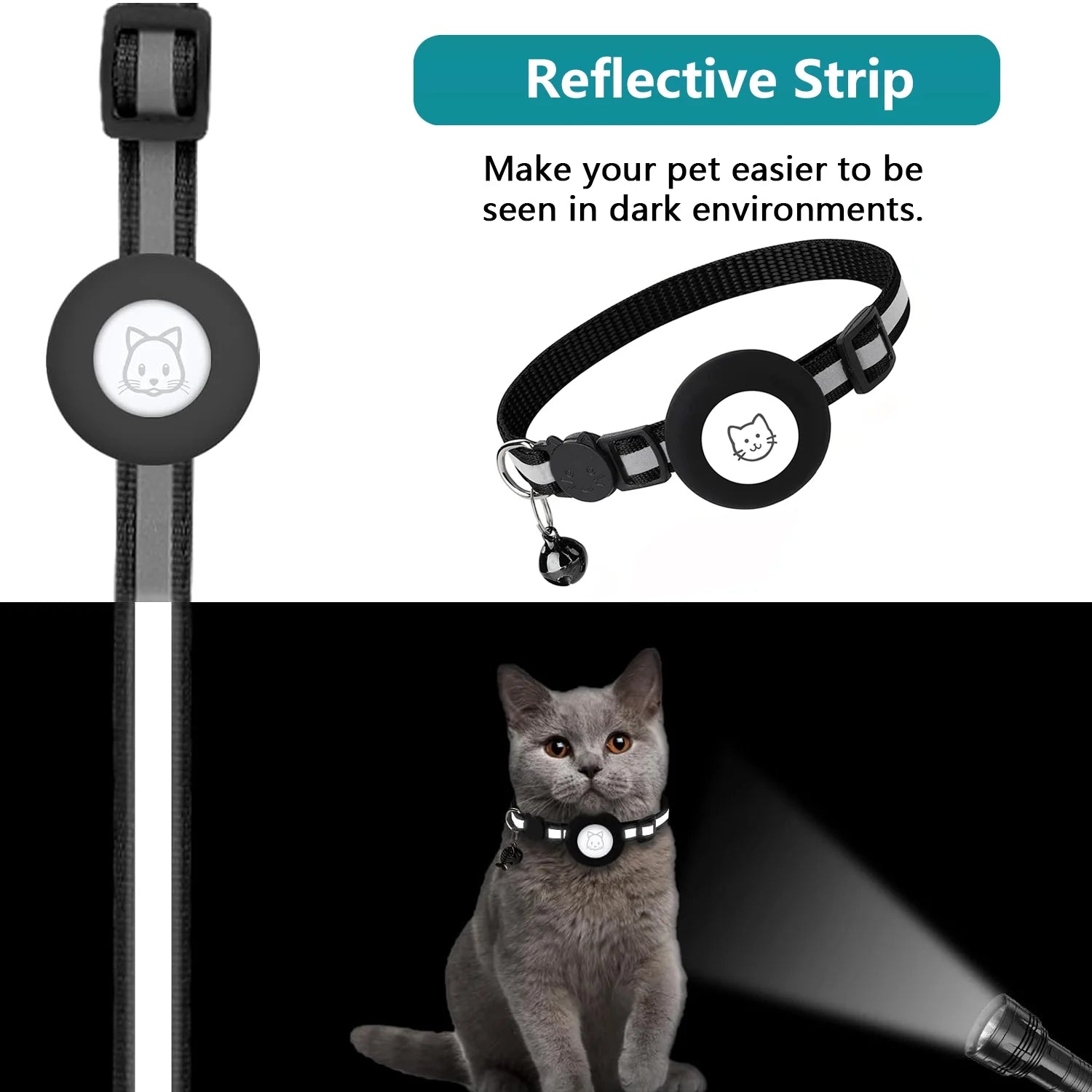 Breakaway Airtag Cat Collar - 2 Pack, Reflective Kitten Strap with Airtag Case and Bell for Cats, Kittens, and Extra Small Dogs, Black