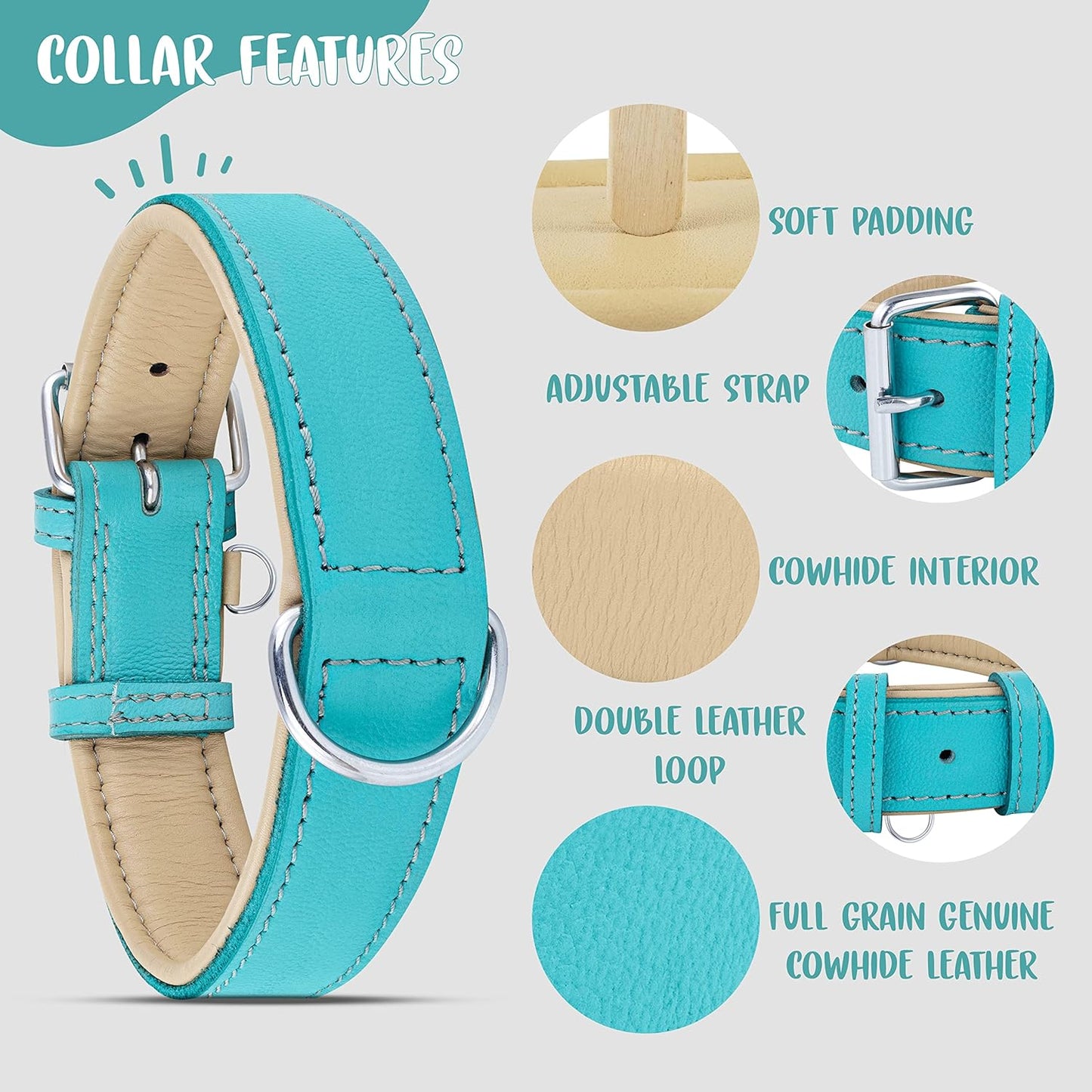 Riparo Genuine Leather Dog Collar for Medium Dogs, 1" Wide (Neck Size 13.5”-17.5”, Aqua)