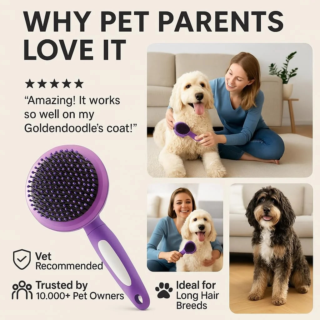 Poodle Pet Round Soft Bristle Grooming Brush for Dogs and Cats - Purple