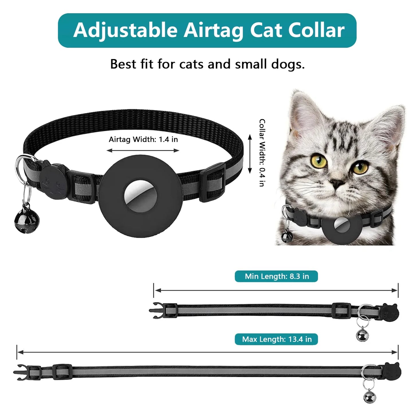 Breakaway Airtag Cat Collar - 2 Pack, Reflective Kitten Strap with Airtag Case and Bell for Cats, Kittens, and Extra Small Dogs, Black