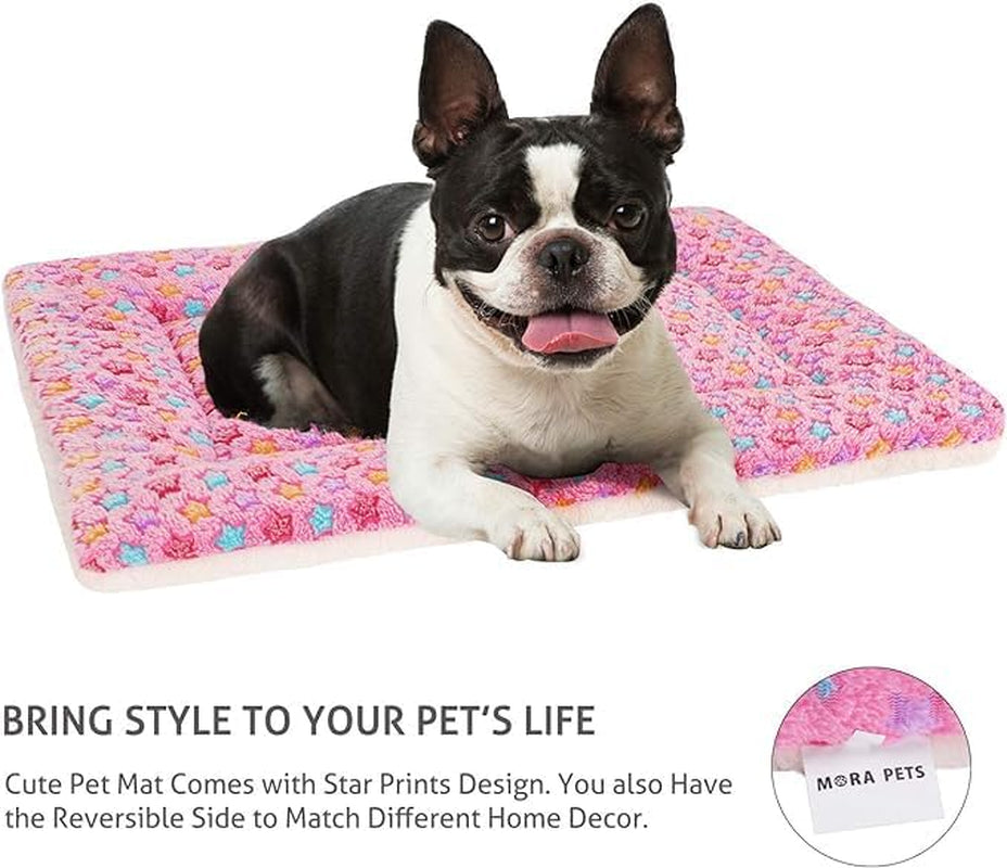 Ultra Soft Reversible Dog Bed Crate Pad with Star Print - Washable Pet Mat for Dogs and Cats, 29 x 21 Inch, Pink