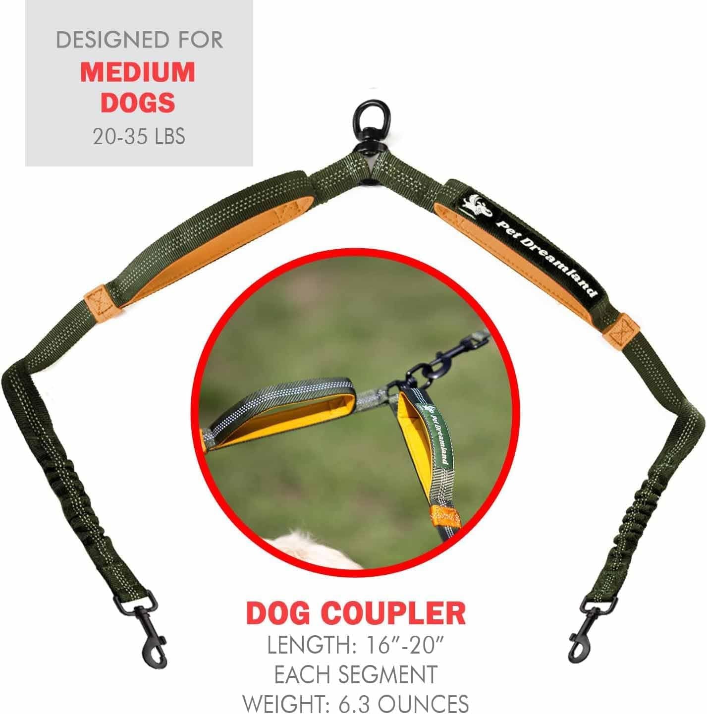 Premium Double Dog Leash Coupler with Tangle-Free Swivel - Versatile Attachment for Walking Two Dogs (Khaki & Orange)