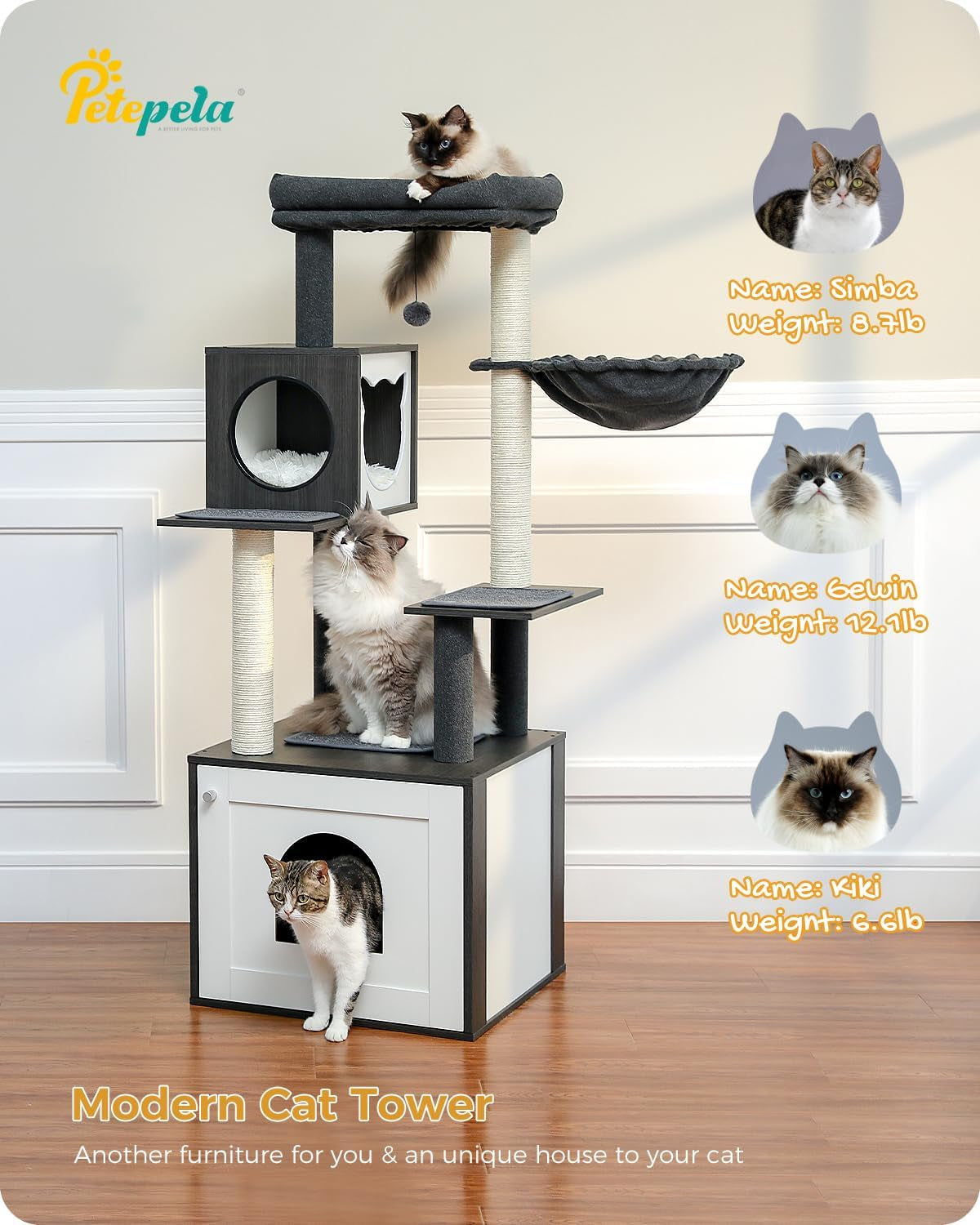 56.7-Inch Cat Tree with Litter Box Enclosure, Large Wooden Cat Tower for Indoor Use Featuring Storage Cabinet, Cozy Condo, Sisal-Covered Scratching Post, and Replaceable Dangling Balls in Black