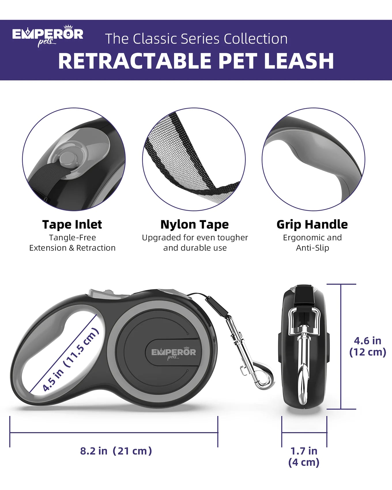 16 Ft Heavy-Duty Retractable Dog Leash for Large Dogs - Durable & Stylish Gray Design - Supports Up to 110 lbs