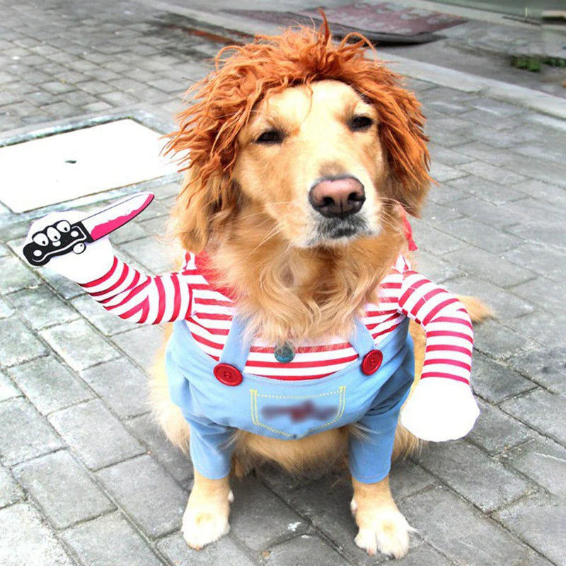 Humorous Dog Costumes for Halloween and Festivals - Comical Outfits Featuring Knife Prop for Pets