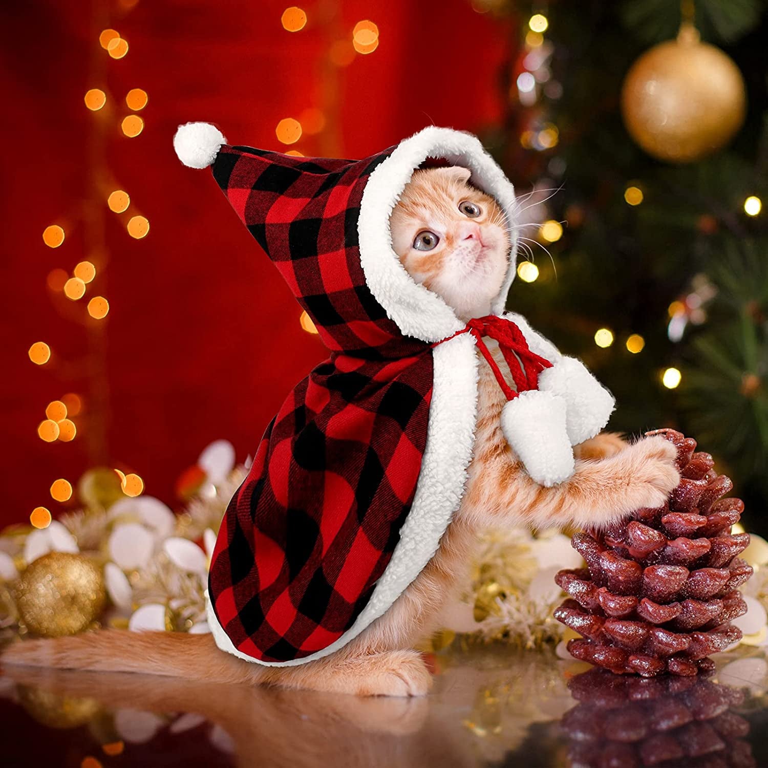 Red and Black Buffalo Plaid Santa Cape Costume for Cats and Dogs with Xmas Hat, Collar with Bell, and Bowtie - Medium Size Pet Outfit for Christmas Parties and Cosplay