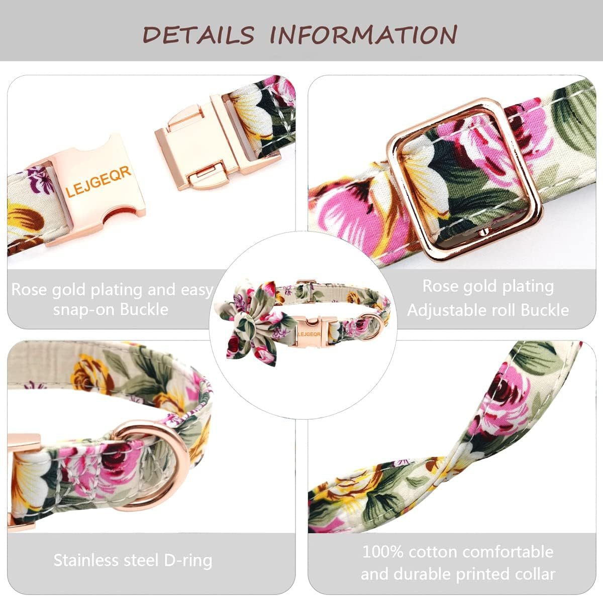 Floral Cotton Dog Collar for Female Dogs - Adjustable Quick Release Buckle, Stylish Fall Design for Small, Medium, and Large Breeds