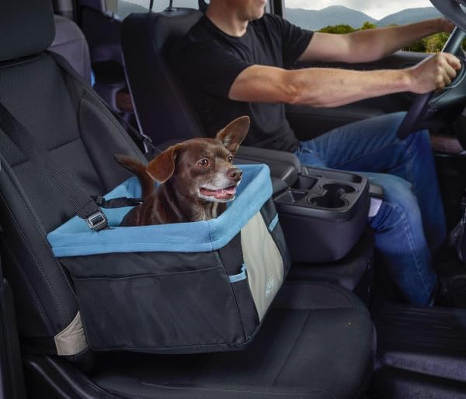 Dog Booster Seat for Secure and Comfortable Travel - Waterproof Exterior, Removable Washable Liner, Harness Strap, Collapsible Design - Rover Style in Black/Blue