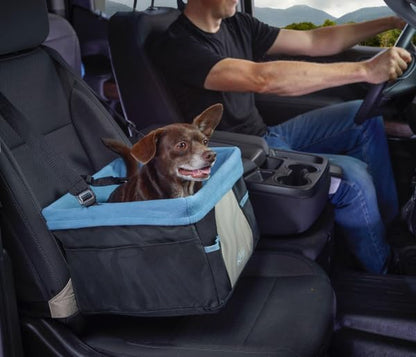 Dog Booster Seat for Secure and Comfortable Travel - Waterproof Exterior, Removable Washable Liner, Harness Strap, Collapsible Design - Rover Style in Black/Blue