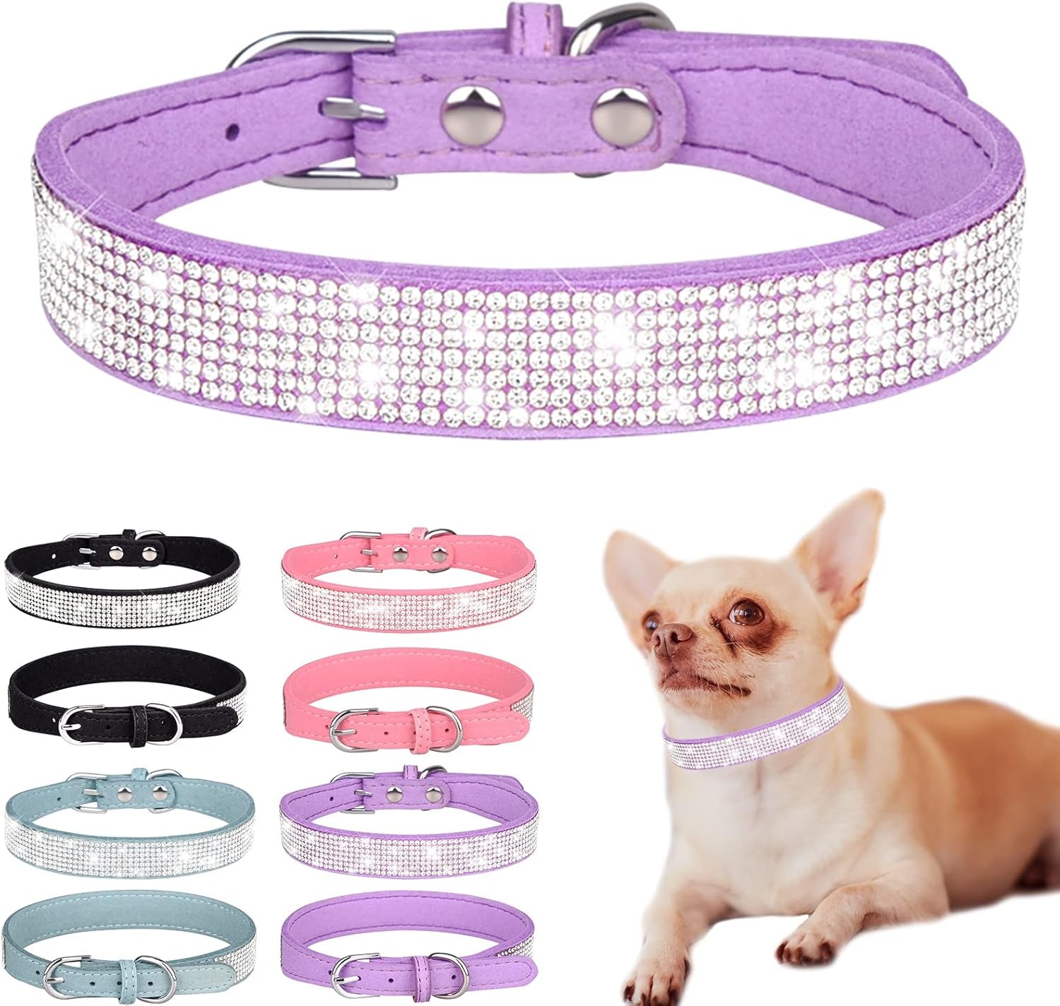 Luxury Rhinestone Dog Collar - Soft Velvet Leather Adjustable Necklaces for Small, Medium, and Large Dogs and Cats (Purple, XS)