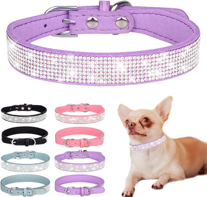 Luxury Rhinestone Dog Collar - Soft Velvet Leather Adjustable Necklaces for Small, Medium, and Large Dogs and Cats (Purple, XS)