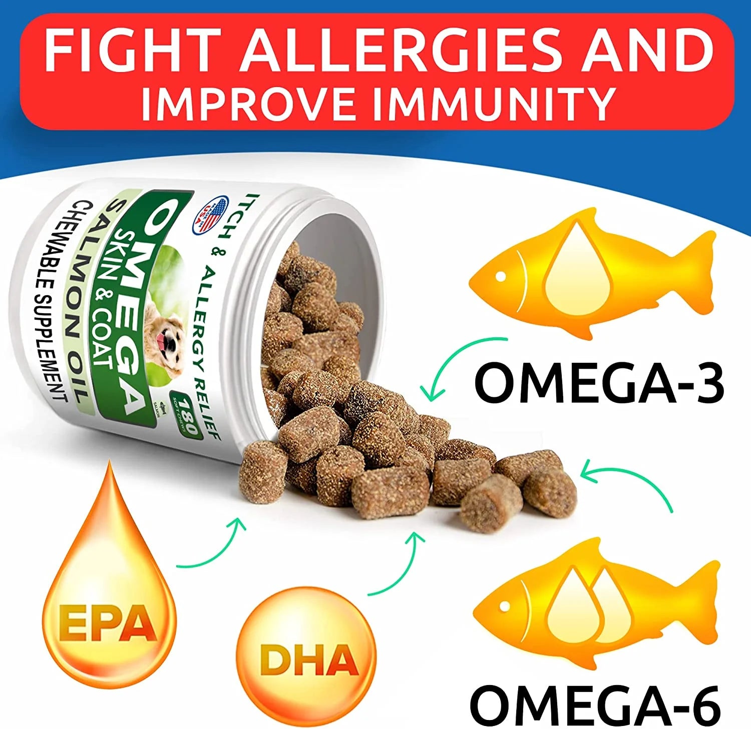 Omega-3 Fish Oil Treats for Dogs - 360 Count - Supports Shedding, Skin Allergies, Itch Relief, Hot Spot Treatment, Joint Health, and Skin & Coat Health - Rich in EPA & DHA Fatty Acids from Salmon Oil