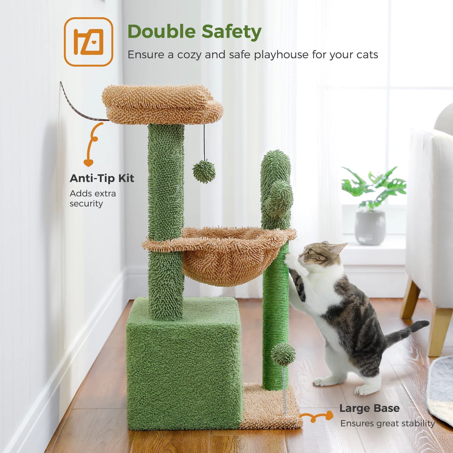 33" Cactus-Inspired Cat Tree with Scratching Posts, Spacious Top Perch, and Hammock for Medium Indoor Cats - Green