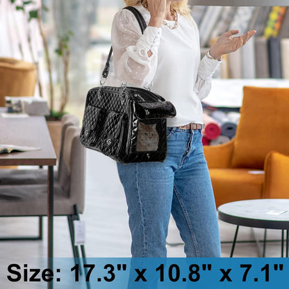 Premium PU Leather Pet Carrier for Small Dogs and Cats, Collapsible Portable Handbag for Travel and Outdoor Activities - Black