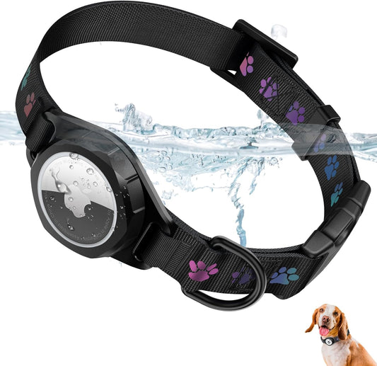 Airtag-Compatible Dog Collar with IP67 Waterproof and Reflective Features, Adjustable for Medium and Large Dogs, Includes Twist-Lock Holder and Night Glow (M, 11.8"-15.9", Black)
