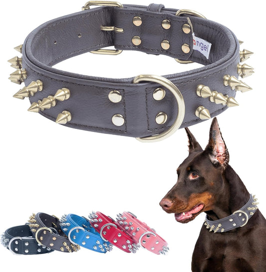 '- Amsterdam Spiked Dog Collar, Genuine Leather Dog Collar for Large Dogs to Extra Large Dogs, Water-Resistant, Thick Dog Collar with D-Ring, Chocolate Brown Collar, 22 X 1.5 Inches