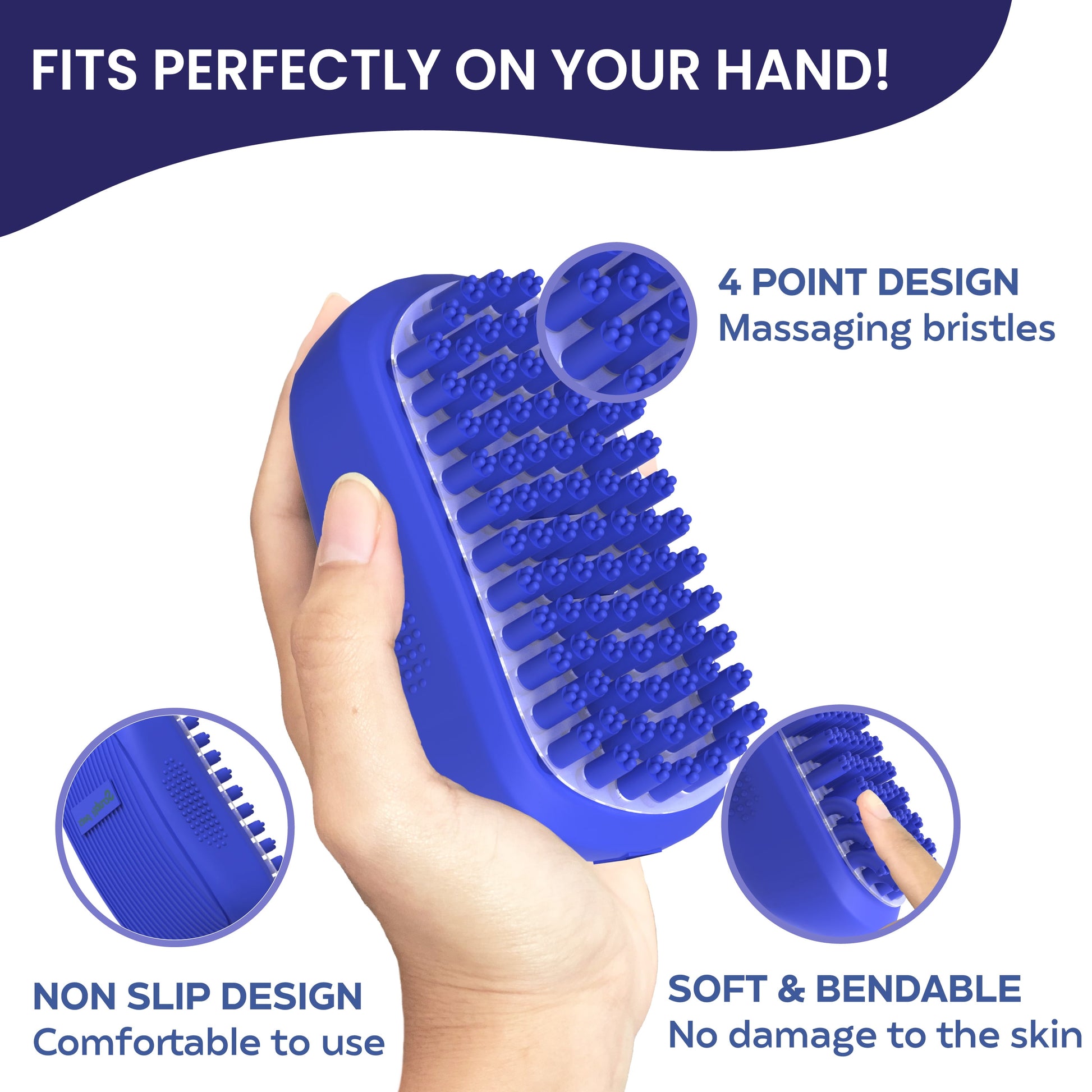 Dog Bath Scrubber Rubber Curry Comb and Pet Grooming Brush with Non-Slip Grip in Blue